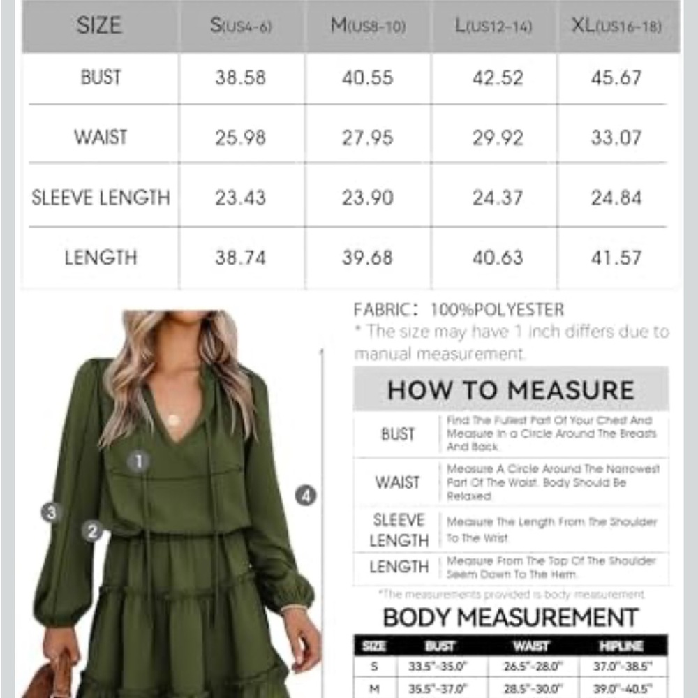 BTFBM Long Sleeve Green Casual Tie Neck Ruffle Tiered A Line Mini Dress, NWT - Picture 6 of 10